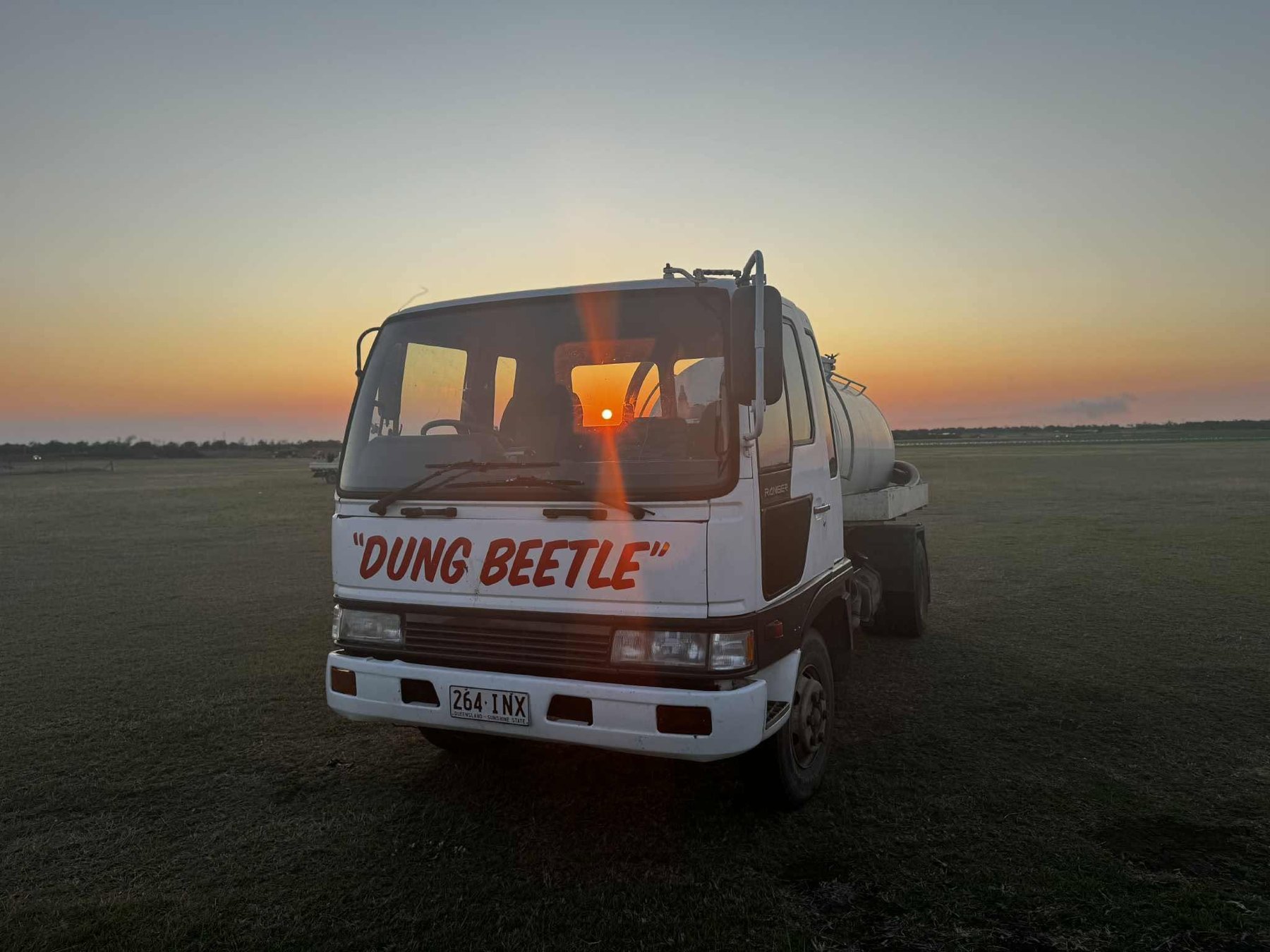 The Dung Beetle septic tanker at sunset outside Bundaberg